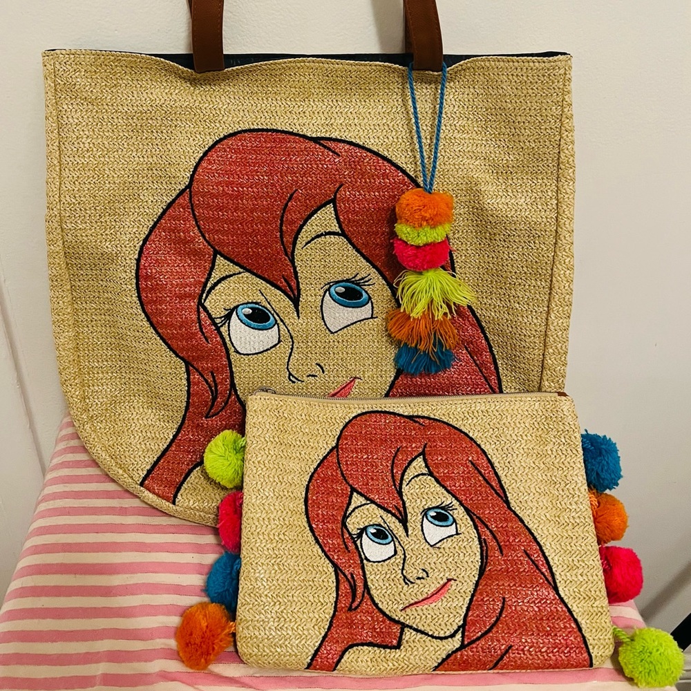 Danielle Nicole Disney The Little Mermaid Ariel Straw Tote Bag and Pouch